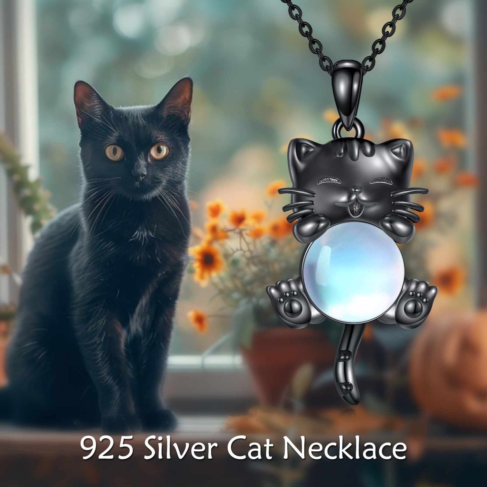 Women's 925 Sterling Silver Cat Moonstone Pendant Necklace